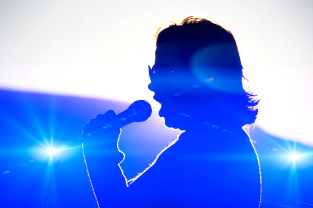 istock Silhouetted woman speaks into a microphone with stage lights 802472148
