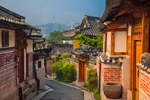 Traditional Korean style architecture at Bukchon Hanok Village in Seoul, South Korea.