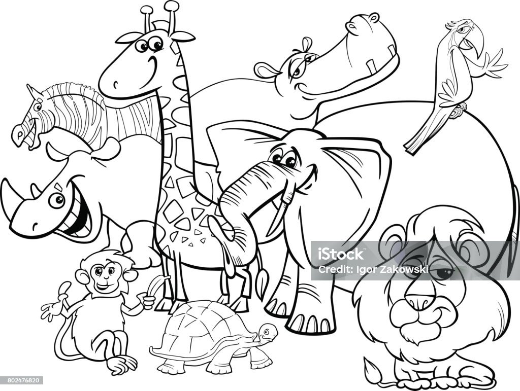 cartoon safari animals coloring page Black and White Cartoon Illustration of Safari Wild Animal Characters Group Coloring Book Coloring Book Page - Illlustration Technique stock vector