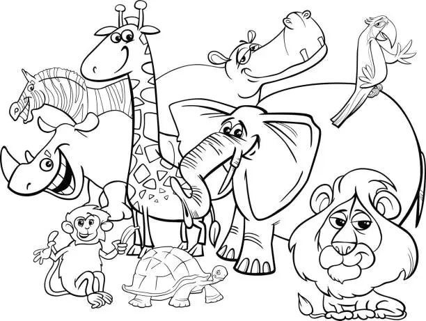 Vector illustration of cartoon safari animals coloring page