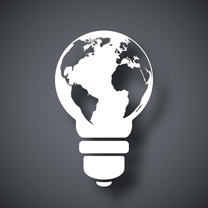 Vector light bulb icon with world map on dark gray background with shadow