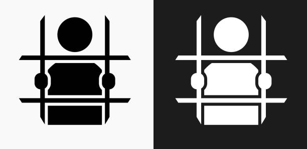 ilustrações de stock, clip art, desenhos animados e ícones de criminal behind bars icon on black and white vector backgrounds - 2779
