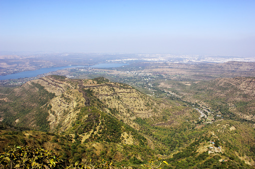 Landscape view of Shahyadri hills with Pune city in background, India