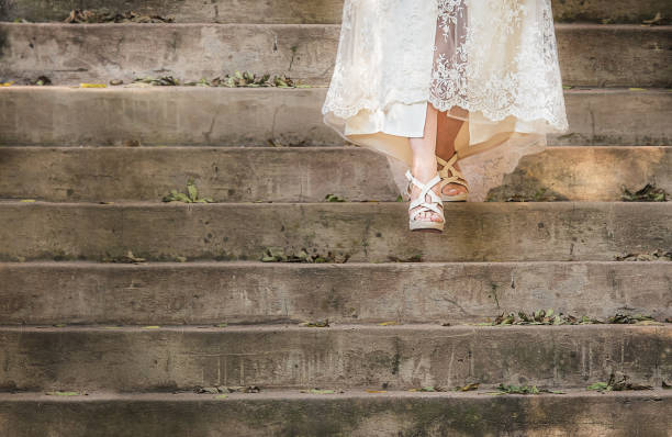 istock Bride walking down starts in wedding dress 802483846