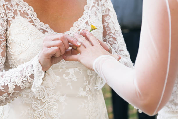 istock Same sex gay lesbian bride places ring on finger during wedding ceremony 802488164