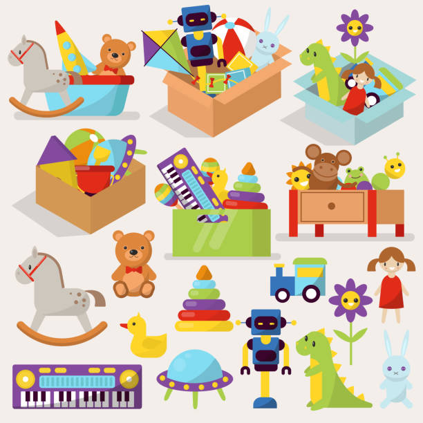 illustrations, cliparts, dessins animés et icônes de boîtes de kid jouets vector illustration blocs peluche dessin animé mignon jeu graphique enfance cadeau contenant - block toy wood box