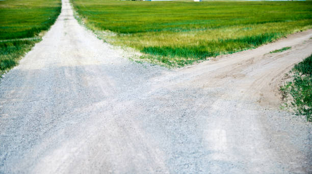 carrefour sur la prairie - country road dirt road road single lane road photos et images de collection