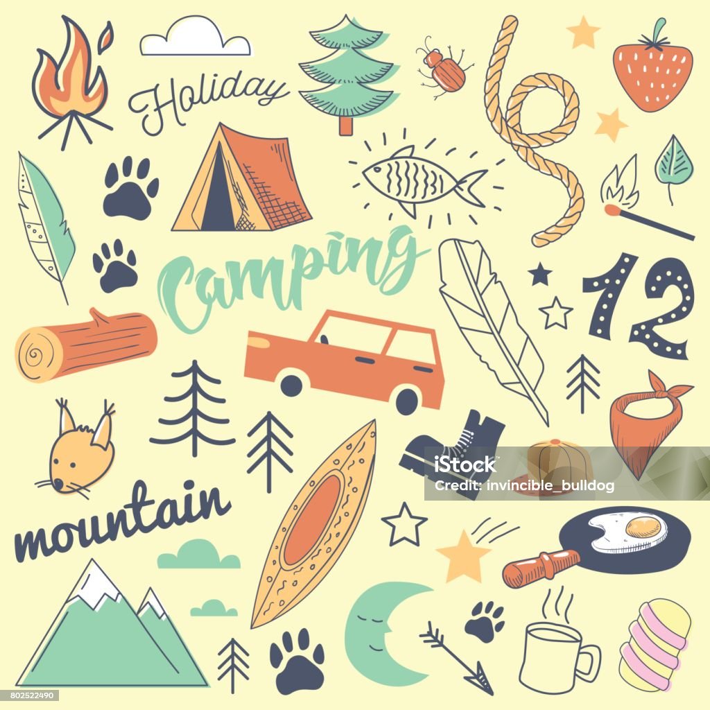 Camping Freihand handgezeichnete Doodle. Ferien in den Bergen mit Zelt, Tiere und Wald - Lizenzfrei Freizeitaktivität im Freien Vektorgrafik