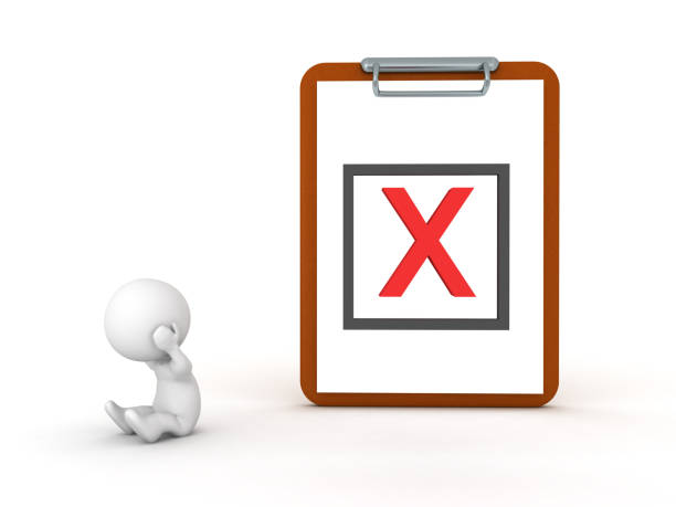 istock 3D Character depressed next to a clipboard with  red X mark 802534134