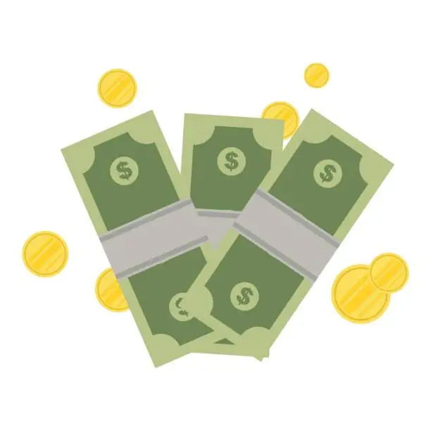 Vector illustration of Big pile of cash and gold coins. Vector illustration