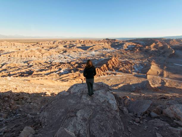 istock Young woman standing on cliff over valle de la Luna moon valley during sunset 802544566