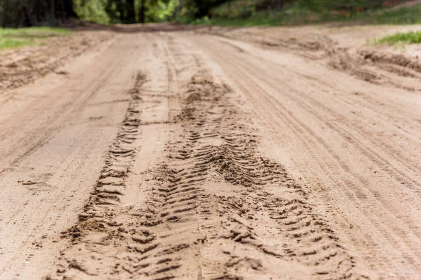 istock Tread marks on dry rural sandy road 802544570