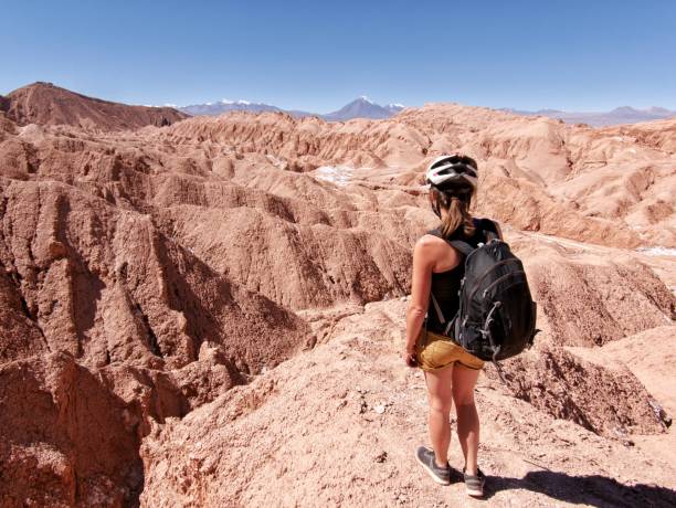 Young woman standing on cliff in death valley, atacama desert stock photo