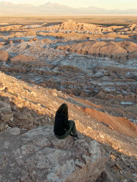 istock Young woman standing on cliff over valle de la Luna moon valley during sunset 802544578