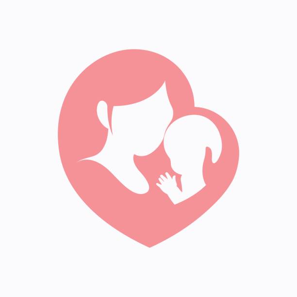 Mother holding her little baby in heart shaped silhouette Mother holding a little baby with her arm in pink heart shaped silhouette woman silhouette illustration stock illustrations