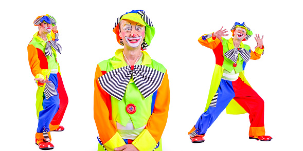 Collage of three: smiling and fooling around animator in clown theater role. Emotional and colorful. Isolated background