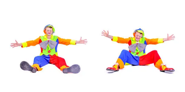 Collage of two: smiling and fooling around animator in clown theater role. Emotional and colorful. Isolated background