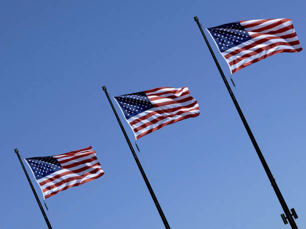 3 bandiere americane - us state flag national flag flag three objects foto e immagini stock