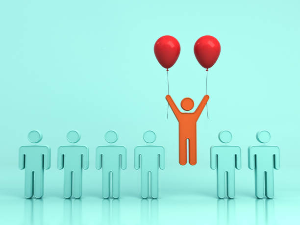 istock Stand out from the crowd and different creative idea concept , One man flying upward with two red balloons out from green people on light green background with reflections and shadows. 3D rendering 802557314