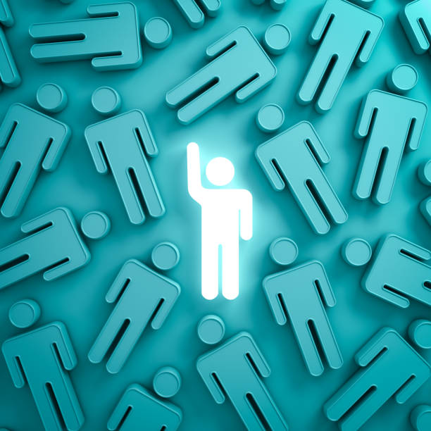 istock Stand out from the crowd and different concept , One glowing light man raising his hand among other people on green background with reflections and shadows . 3D rendering 802557374