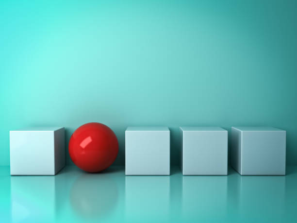 istock Stand out from the crowd and different creative idea concepts , One red sphere standing among white square boxes on green background in the row with reflections and shadows . 3D rendering 802557528