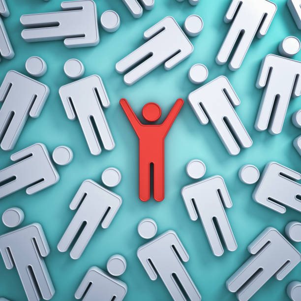 istock Stand out from the crowd and different creative idea concepts , One red man with arms wide open among other white people on green background with reflections and shadows . 3D rendering 802557532