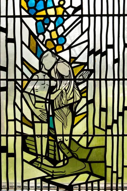 Stained glass in church of Adam and Eve.