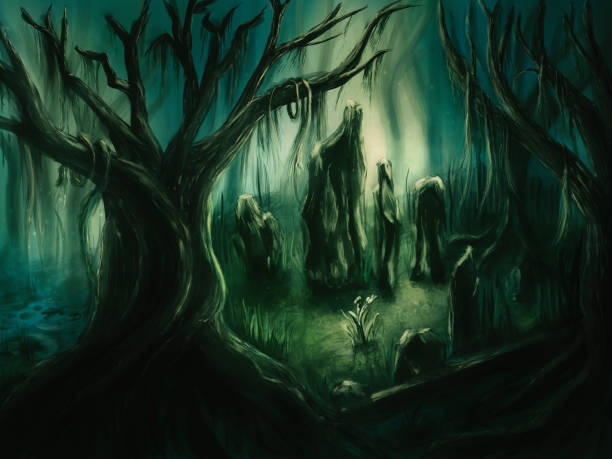 Scary forest scene - Digital Painting vector art illustration