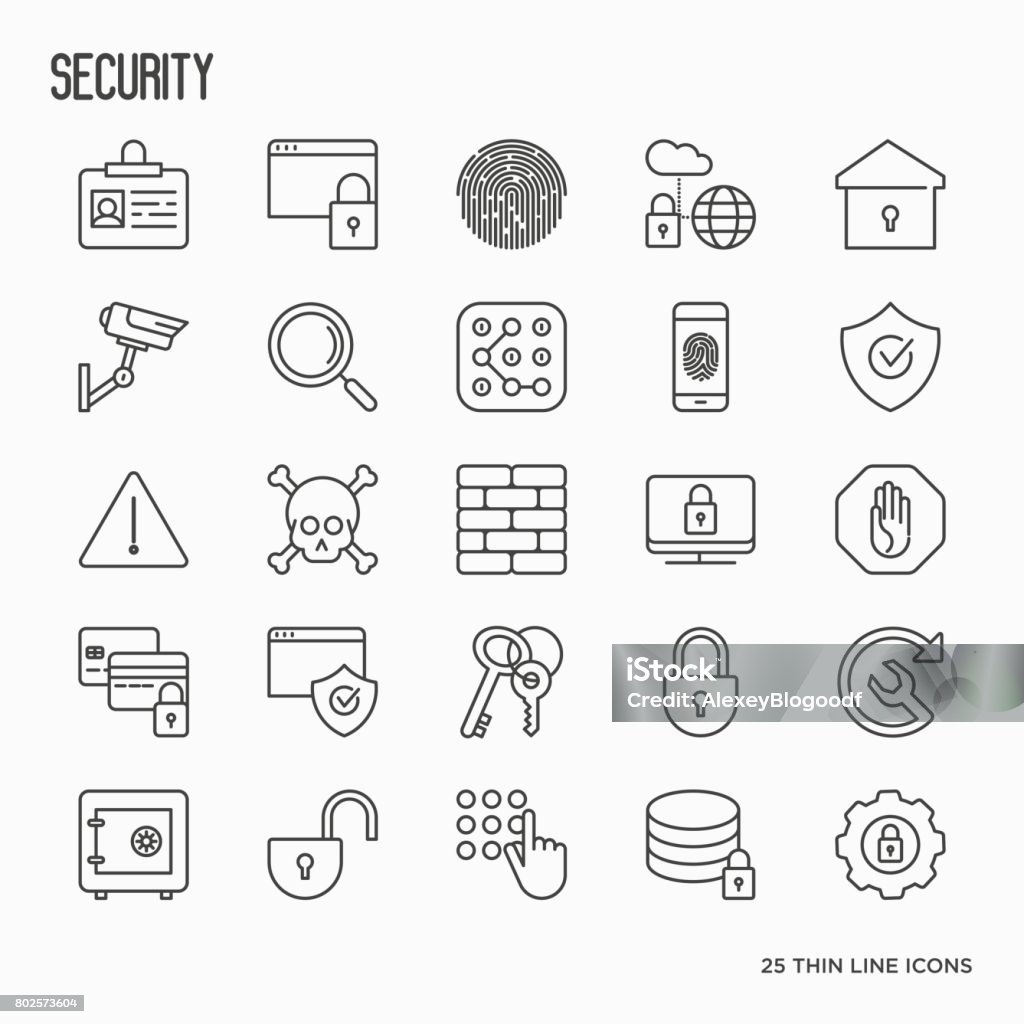 Security and protection thin line icons set: data, surveillance camera, finger print, electronic key, password, alarm, safe. Vector illustration. Icon Symbol stock vector
