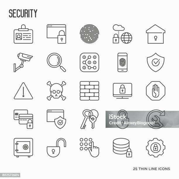 Security And Protection Thin Line Icons Set Data Surveillance Camera Finger Print Electronic Key Password Alarm Safe Vector Illustration Stock Illustration - Download Image Now