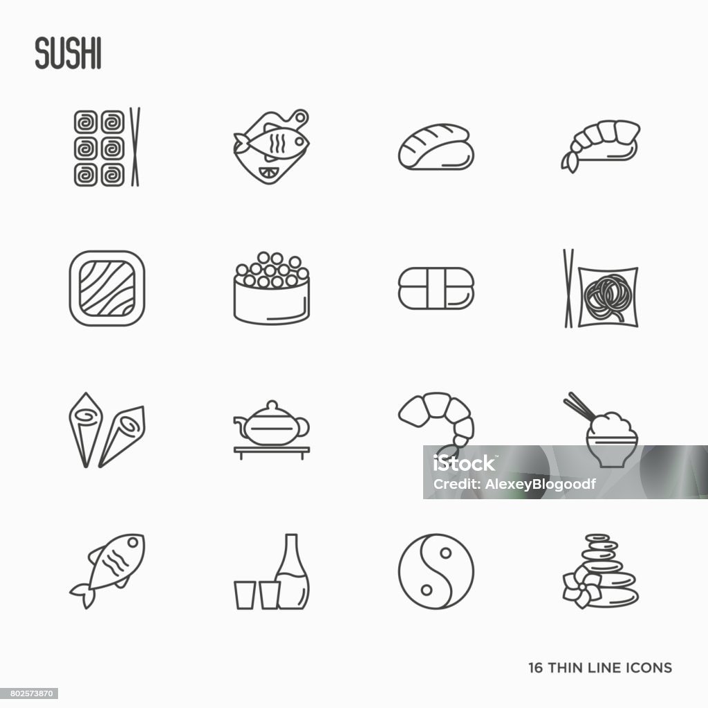Japanese food thin line icons set: sushi, noodle, tea, rolls, shrimp, fish, sake. Vector illustration. Japanese food thin line icons set: sushi, noodles, tea, rolls, shrimp, fish, sake. Vector illustration. Icon Symbol stock vector