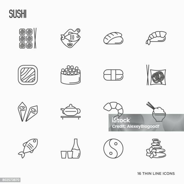 Japanese Food Thin Line Icons Set Sushi Noodle Tea Rolls Shrimp Fish Sake Vector Illustration Stock Illustration - Download Image Now