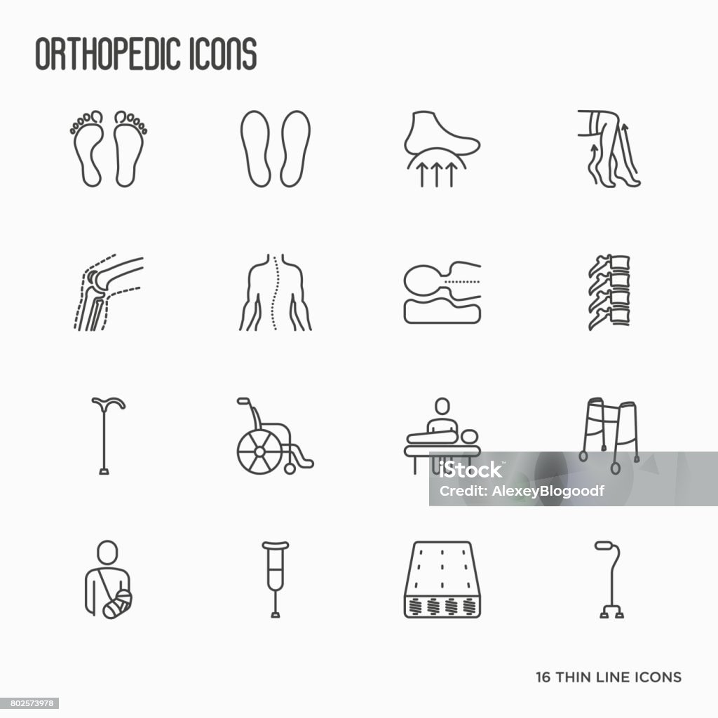 Orthopedic and trauma rehabilitation thin line icons for banners in clinics and medical centers. Vector illustration. Orthopedics stock vector