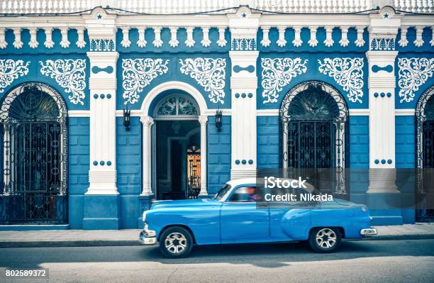 Old Vintage Car In Front Of Colonial Style House Cuba Stock Photo - Download Image Now