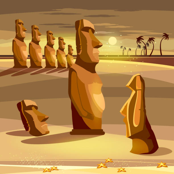 illustrazioni stock, clip art, cartoni animati e icone di tendenza di statue moai del paesaggio dell'isola di pasqua polinesia. idoli di pietra. turismo e vacanza tropicale isola di pasqua sfondo - easter island moai statue chile sculpture