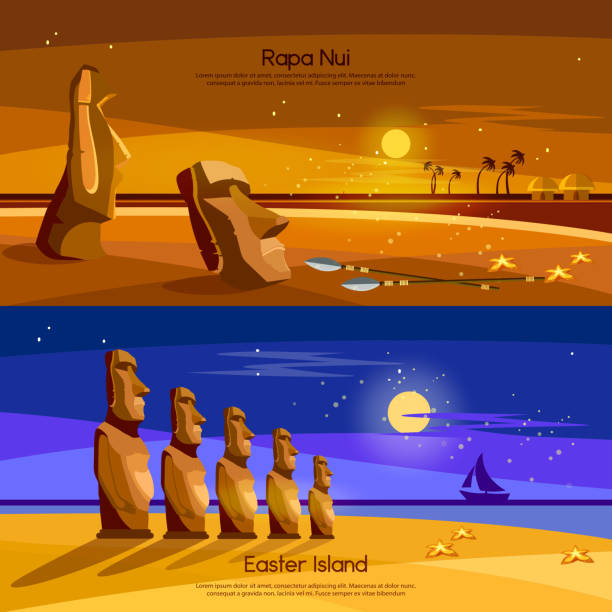 illustrazioni stock, clip art, cartoni animati e icone di tendenza di bandiere dell'isola di pasqua, statue moai del paesaggio dell'isola di pasqua polinesia. idoli di pietra.  turismo e vacanza sfondo tropicale - easter island moai statue chile sculpture