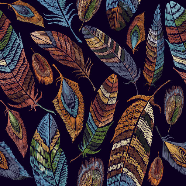 Color feathers embroidery seamless pattern. Beautiful feathers of tropical birds classic embroidery seamless background. Fashionable template for design of clothes, t-shirt design vector art illustration