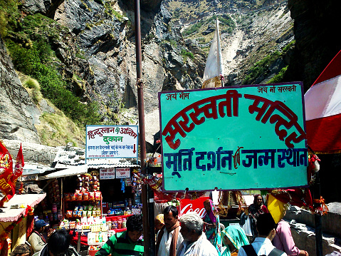 Pilgrims visiting Saraswati temple at last Indian village called Mana village at Indian China border, Badrinath, Joshimath, India