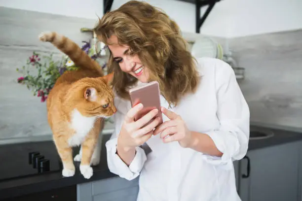 Photo of Woman in a white man's shirt is standing in the kitchen. A girl shows the cat a smartphone screen and smiles. Cat is looking at the phone.