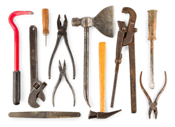 istock set of old home worker articles tools, isolated on a white background 802605982