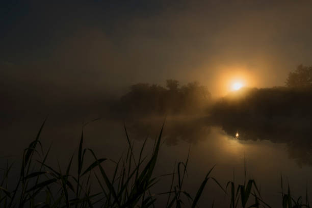 istock Dark orange sunrise near ponds 802610276