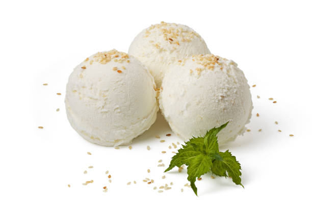 istock Three scoops of sesame ice cream isolated with clipping path 802618006