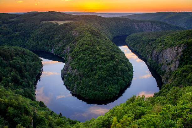 Sunset over horseshoe Vltava river. Beatiful meander in Czech Republic from famous lookout Maj stock photo