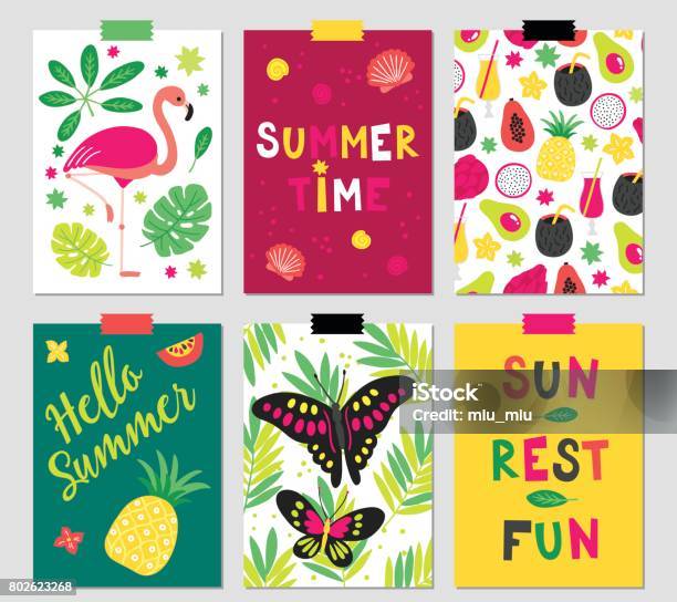 Set Of Six Summer Greeting Cards With Flamingo Tropical Plants Stock Illustration - Download Image Now