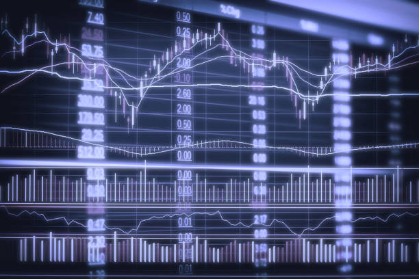 istock Abstract financial candlestick chart with line graph and stock numbers in Double exposure style background 802623276