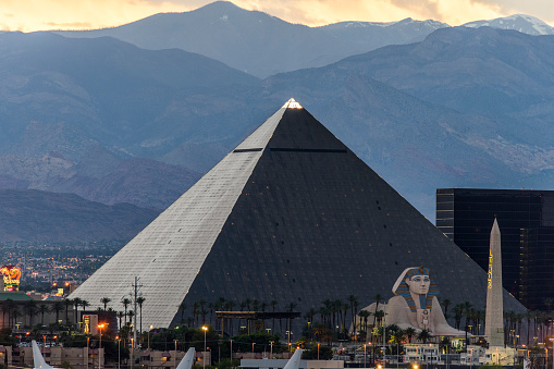 Las Vegas, USA - May 21,2017:Famous Luxor casino and hotel building in the evening in Las Vegas  Nevada USA  . Las Vegas is world famous for night entertainment show and convention center.