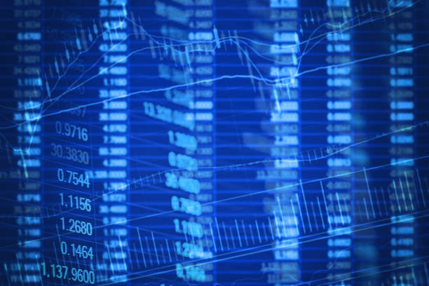istock Abstract financial candlestick chart with line graph and stock numbers in Double exposure style background 802625962