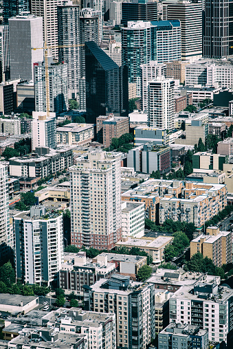 This urban full-frame aerial view is of downtown Seattle, and shot during a helicopter photo flight from an altitude of about 500 feet.  As nothing suggests location in this image, it makes for a great generic urban location.