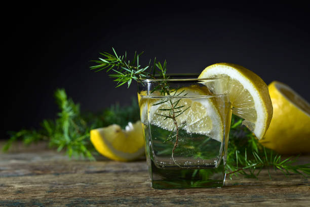 Cocktail with blue gin , tonic and lemon .