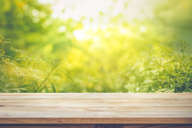 istock Wood table top on blur green abstract garden with sunlight. 802648838